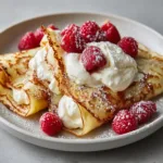 A close-up view of golden, paper-thin crepes folded into quarters on a round white ceramic plate with lacy edges.