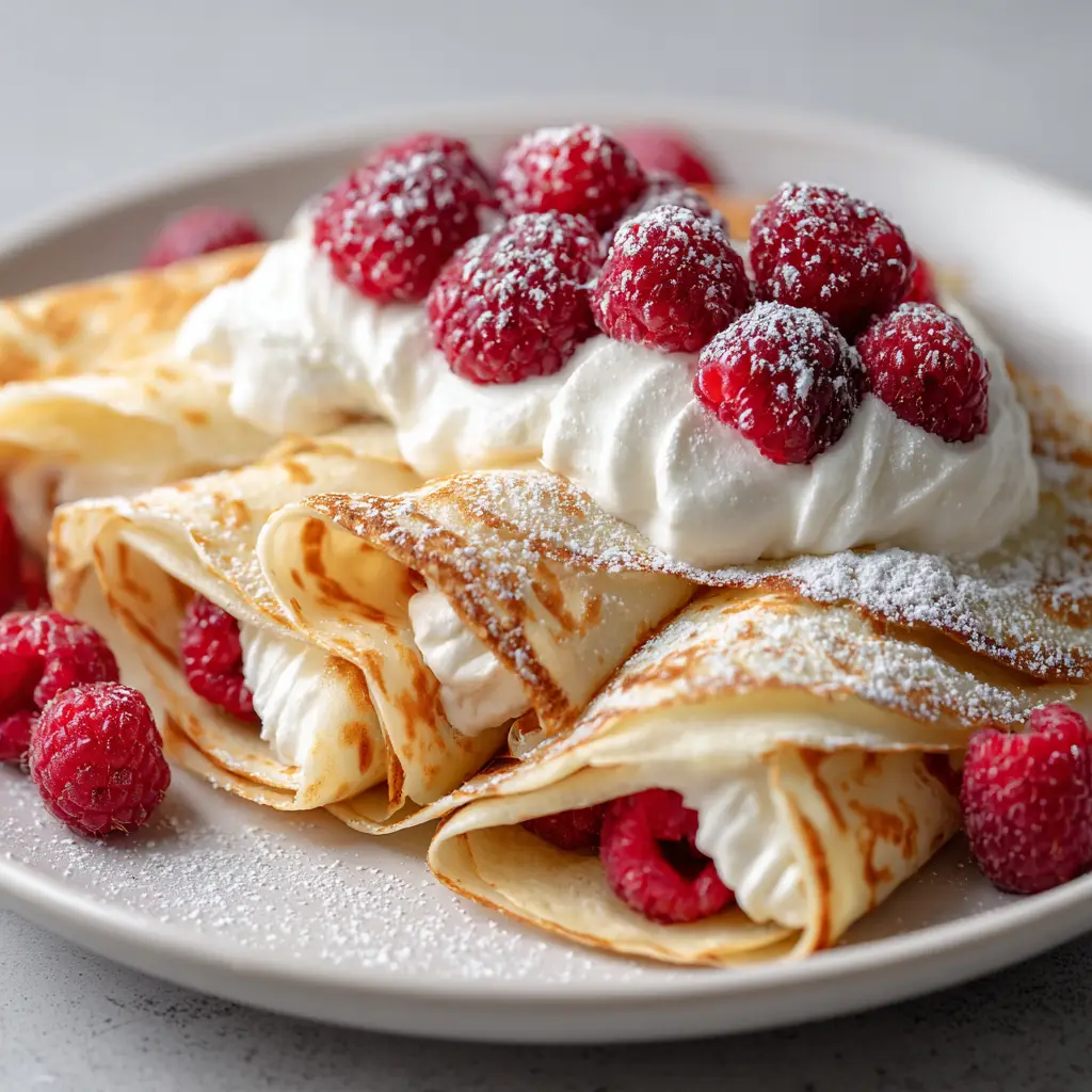 Thick airy white vanilla whipped cream spilling out of folded crepes dusted with powdered sugar and scattered raspberries.