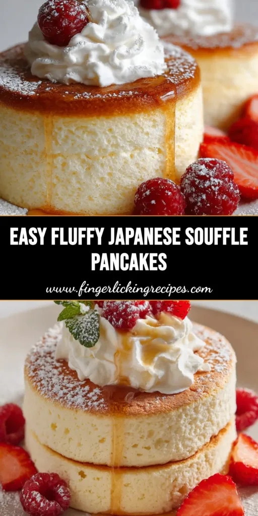 A tall stack of jiggly, Fluffy Japanese Pancakes topped with melting whipped cream, fresh raspberries, sliced strawberries, and a drizzle of amber maple syrup.
