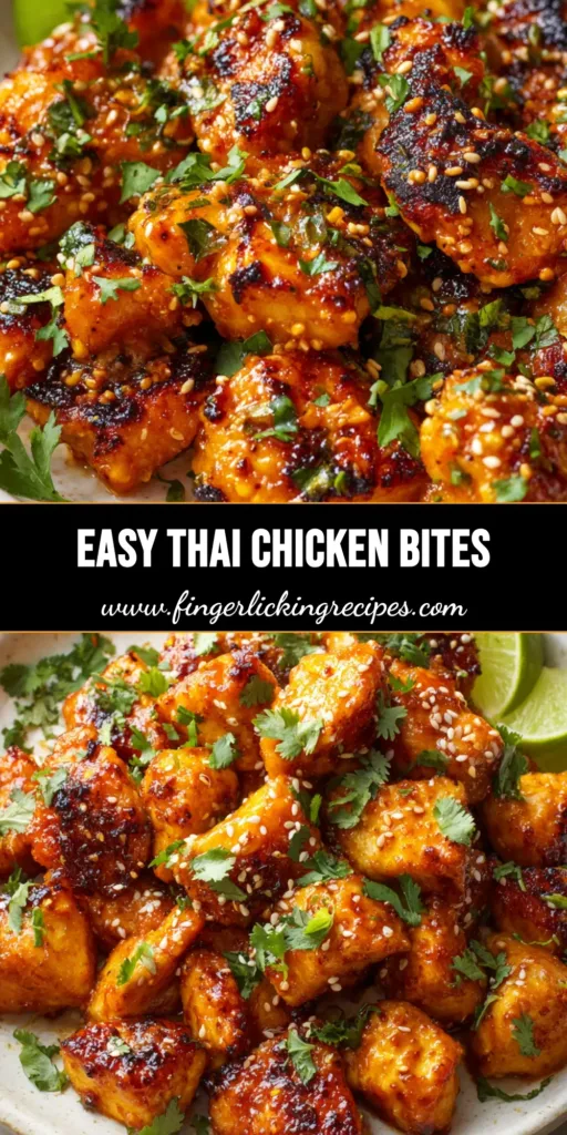 A close-up view of sticky Thai Chicken Bites coated in a reddish-orange curry glaze, garnished with sesame seeds and cilantro.