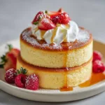 A close-up of two exceptionally tall, thick, fluffy Japanese souffle pancakes on a minimalist white ceramic plate with a perfectly smooth, golden-brown circular top.