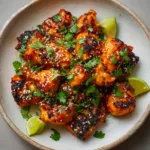 Bite-sized chicken chunks with charred edges, sitting in a hot skillet covered in a sweet and spicy Thai red curry sauce.
