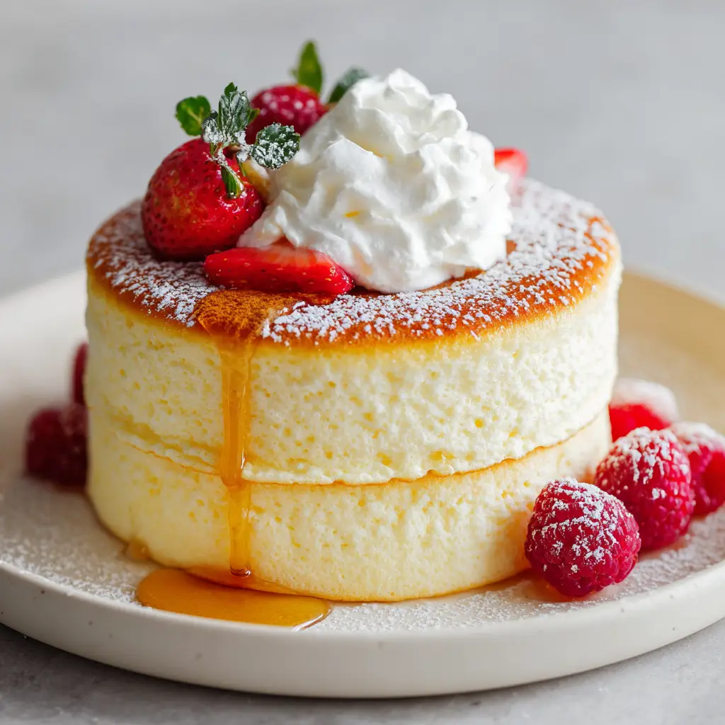 Fluffy Japanese Pancakes featuring soft white whipped cream melting down the edges, pooled maple syrup, and fresh berries.