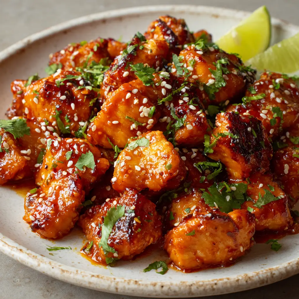 Golden-brown Thai Chicken Bites resting on a rustic white ceramic plate, sprinkled with toasted sesame seeds and chopped cilantro next to fresh lime wedges.