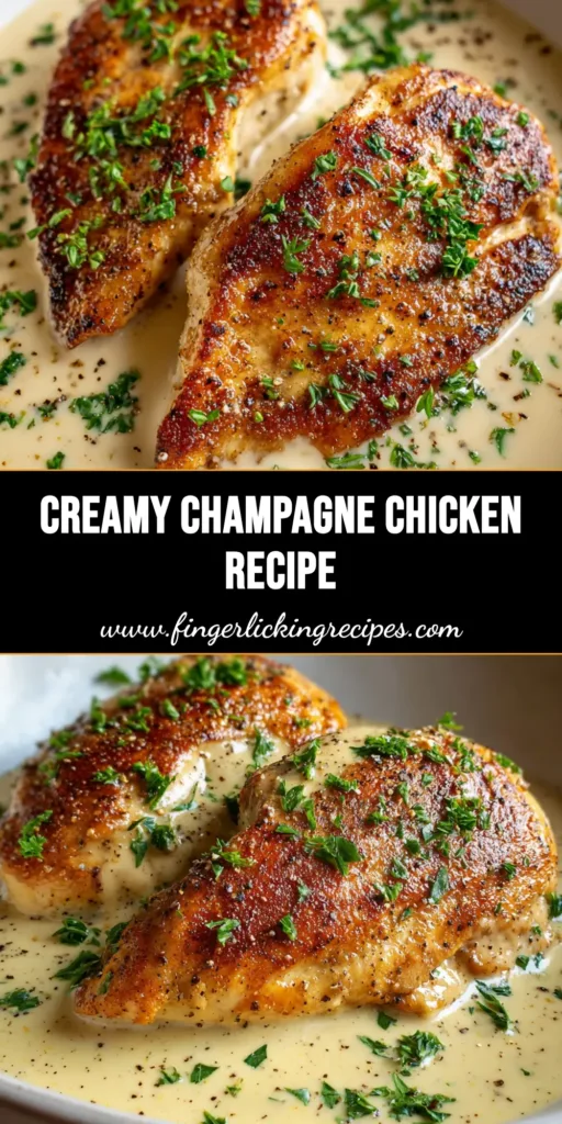 The Ultimate Champagne Chicken Recipe for an Elegant Dinner 5 Overhead close-up of a Champagne Chicken Recipe featuring two pan-seared chicken breasts with a golden crust, smothered in a pale ivory cream sauce with fresh parsley.