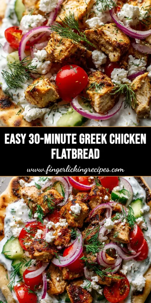 A close-up of a loaded Greek Chicken Flatbread with golden-brown chicken, white tzatziki, red onions, and fresh dill sprigs.