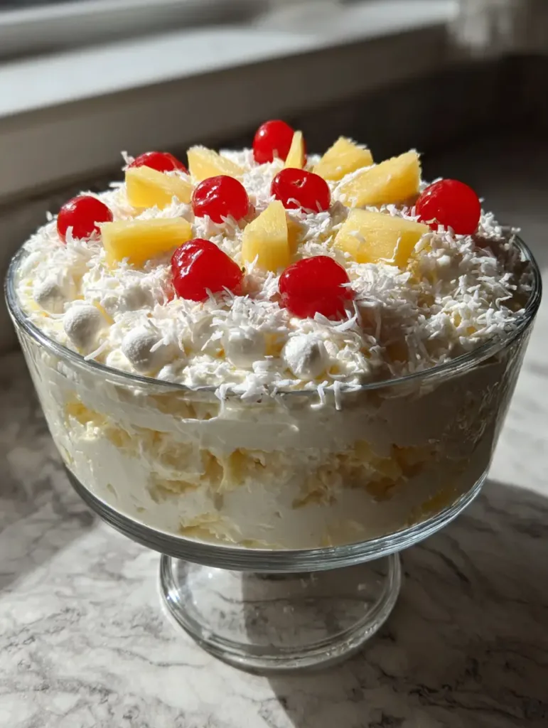 A handheld smartphone photo of the Hawaiian Pineapple Coconut Fluff in a glass bowl sitting on a light-colored marble countertop in natural light.