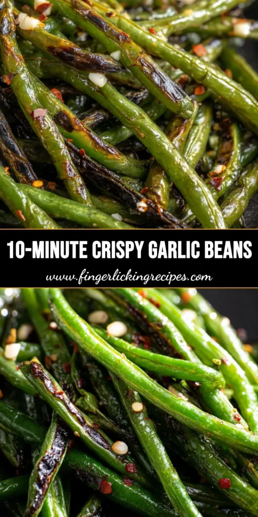 A top-down view of blistered Air Fryer Green Beans with toasted garlic and red pepper flakes in a dark bowl.