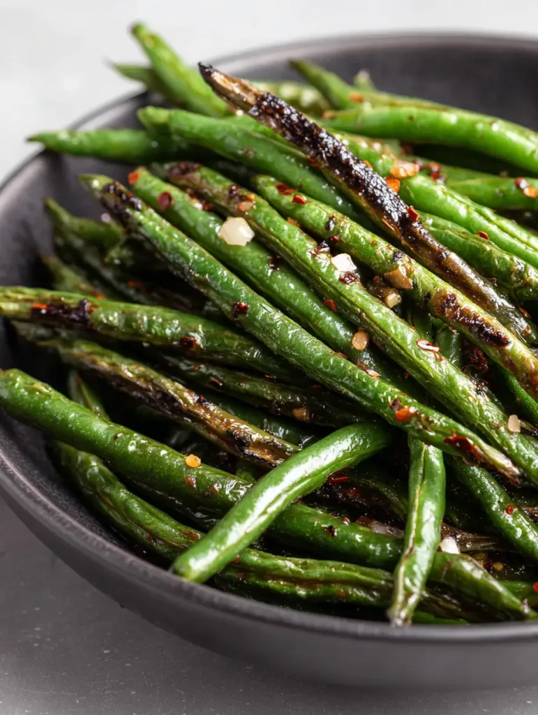 Macro close-up of Air Fryer Green Beans showing charred skins and glistening olive oil.