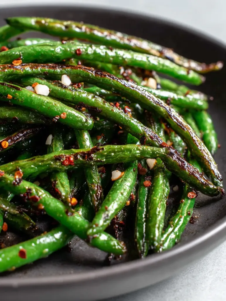 Close-up of toasted minced garlic and red pepper flakes on air-fried green beans.