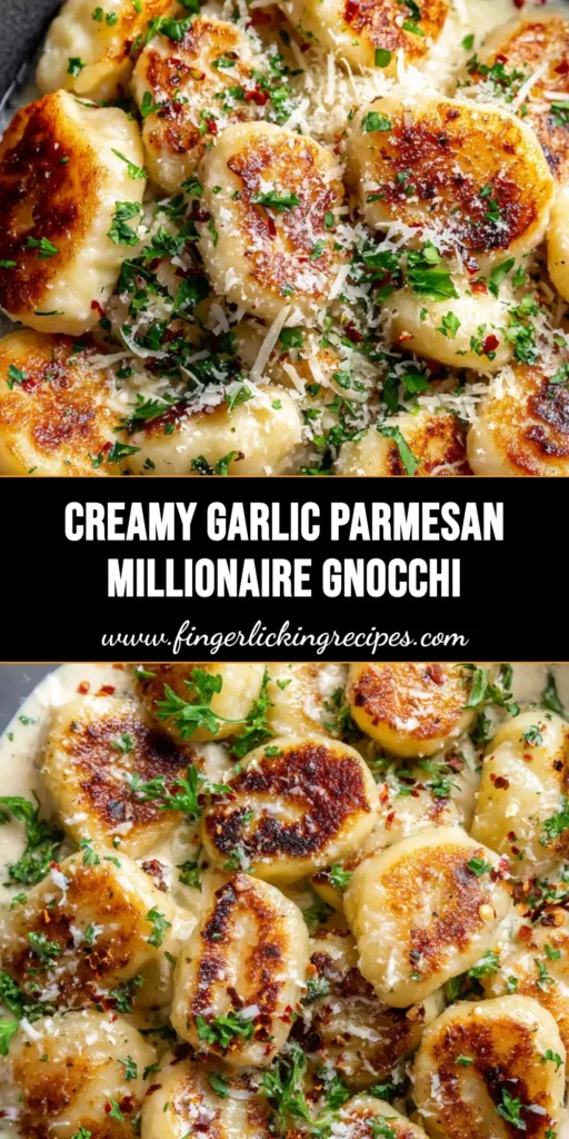 Millionaire Gnocchi: The Ultimate 20-Minute Crispy Garlic Parmesan Dinner 5 A shallow bowl of Millionaire Gnocchi with a golden-brown crust and thick garlic parmesan cream sauce, topped with parsley and red pepper flakes.