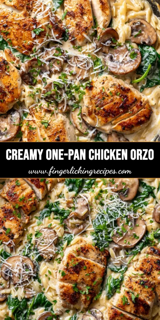 A close-up of Creamy Chicken Orzo in a black skillet with golden seared chicken and spinach.