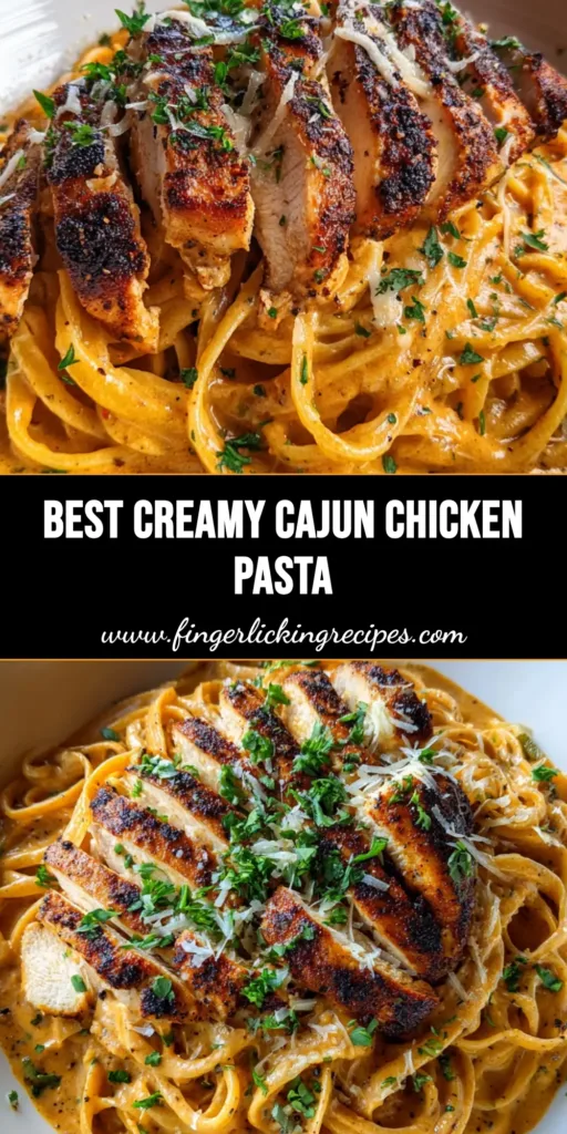 A Pinterest-ready overhead shot of Cajun Chicken Pasta with charred chicken slices and fresh parsley in a white bowl.