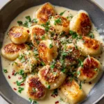 Close-up overhead shot of Millionaire Gnocchi in a dark matte ceramic bowl showing the crispy seared texture. (Millionaire Gnocchi)