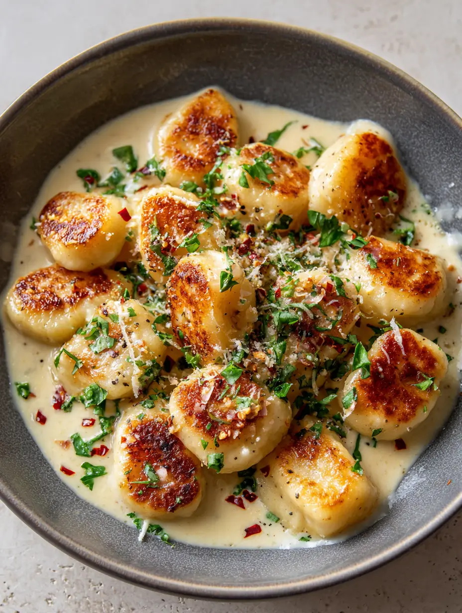 Millionaire Gnocchi: The Ultimate 20-Minute Crispy Garlic Parmesan Dinner 4 Close-up overhead shot of Millionaire Gnocchi in a dark matte ceramic bowl showing the crispy seared texture. (Millionaire Gnocchi)