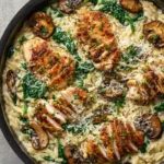 Creamy Chicken Orzo with Garlic Parmesan Sauce and Sautéed Mushrooms Top-down view of Creamy Chicken Orzo with seared chicken slices and browned mushrooms in ivory sauce.