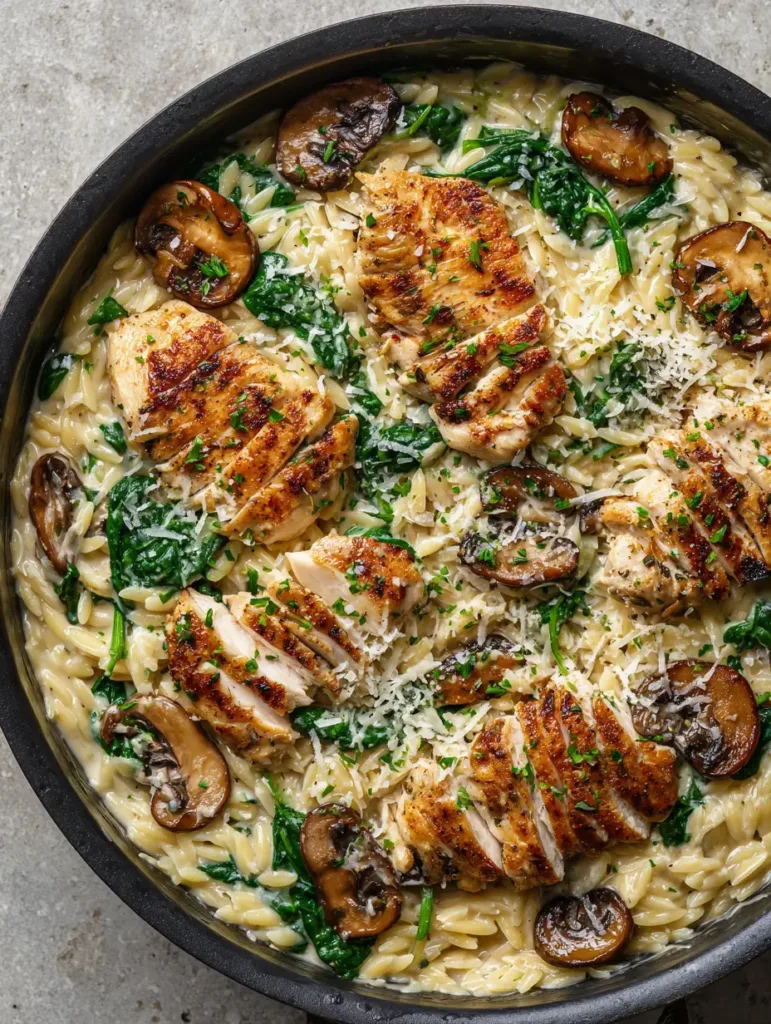Top-down view of Creamy Chicken Orzo with seared chicken slices and browned mushrooms in ivory sauce.