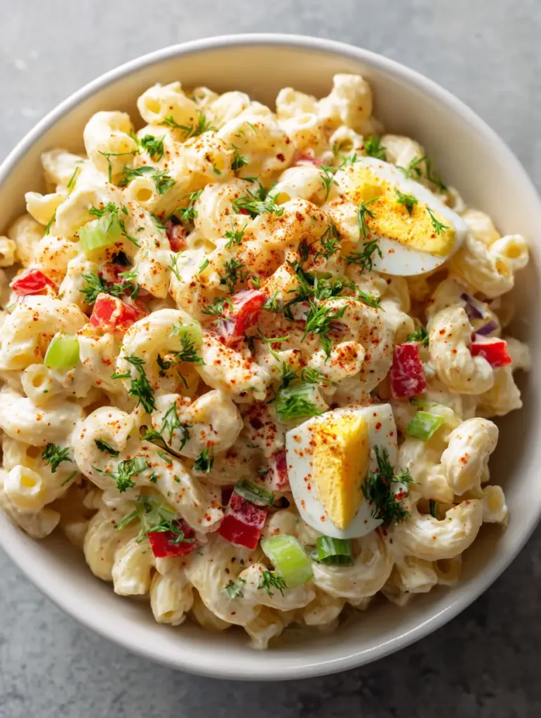 Close-up detail of macaroni salad with hard-boiled egg chunks and a light dusting of paprika.