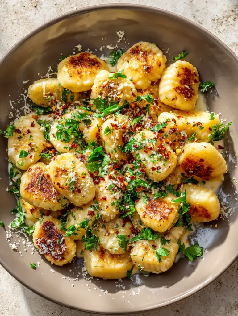 Millionaire Gnocchi: The Ultimate 20-Minute Crispy Garlic Parmesan Dinner 2 A close-up of Millionaire Gnocchi heavily coated in glossy ivory garlic parmesan sauce with fresh garnishes.