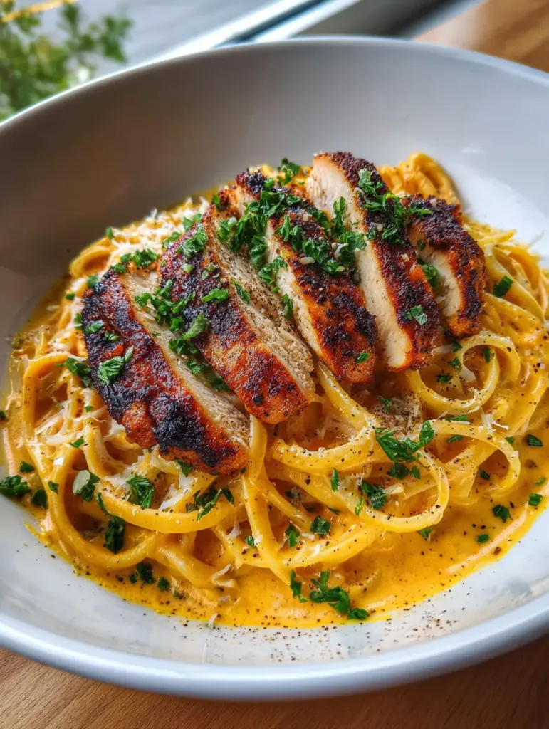 Top-down photo of Cajun Chicken Pasta showing the thick orange-tinted sauce and seared chicken crust.
