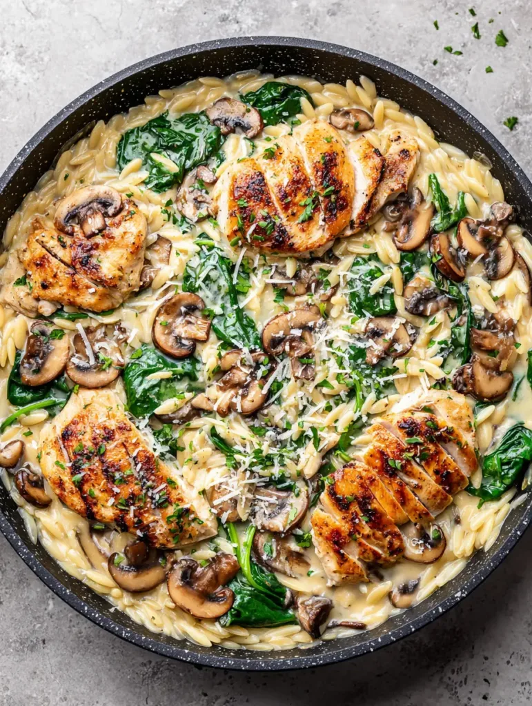 Detailed shot of wilted spinach and orzo pasta pearls in a thick parmesan cream.