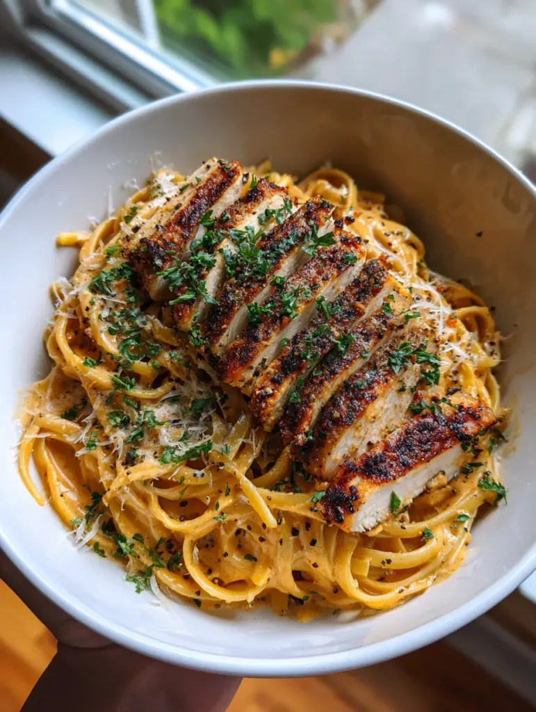 Close up of seared Cajun chicken breast slices on top of creamy linguine with parsley.