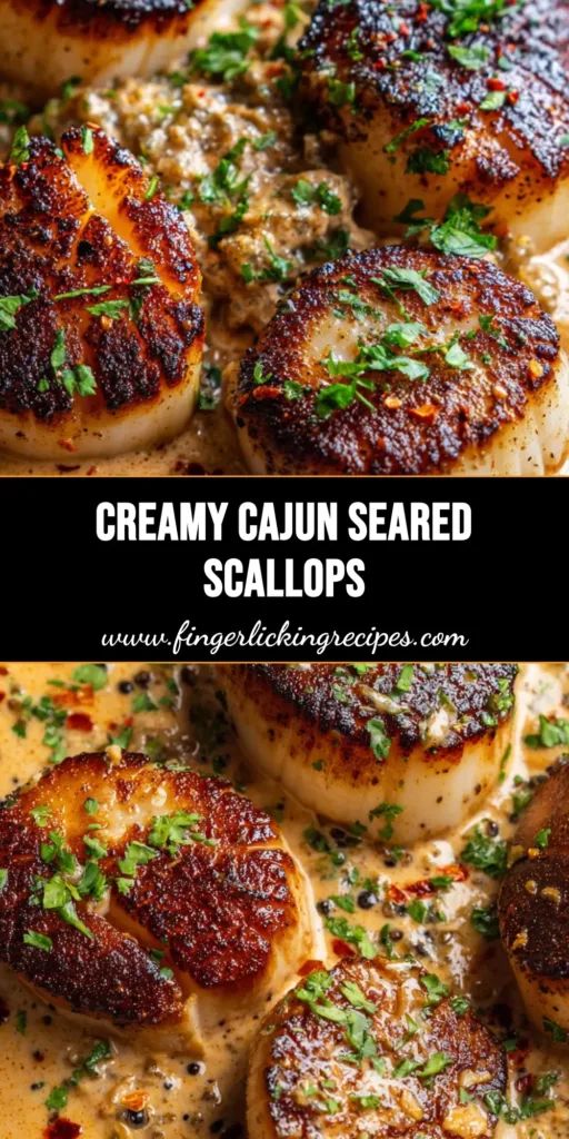 A close-up shot of four Seared Scallops with Cajun Sauce in a dark grey bowl, garnished with parsley and cracked pepper.