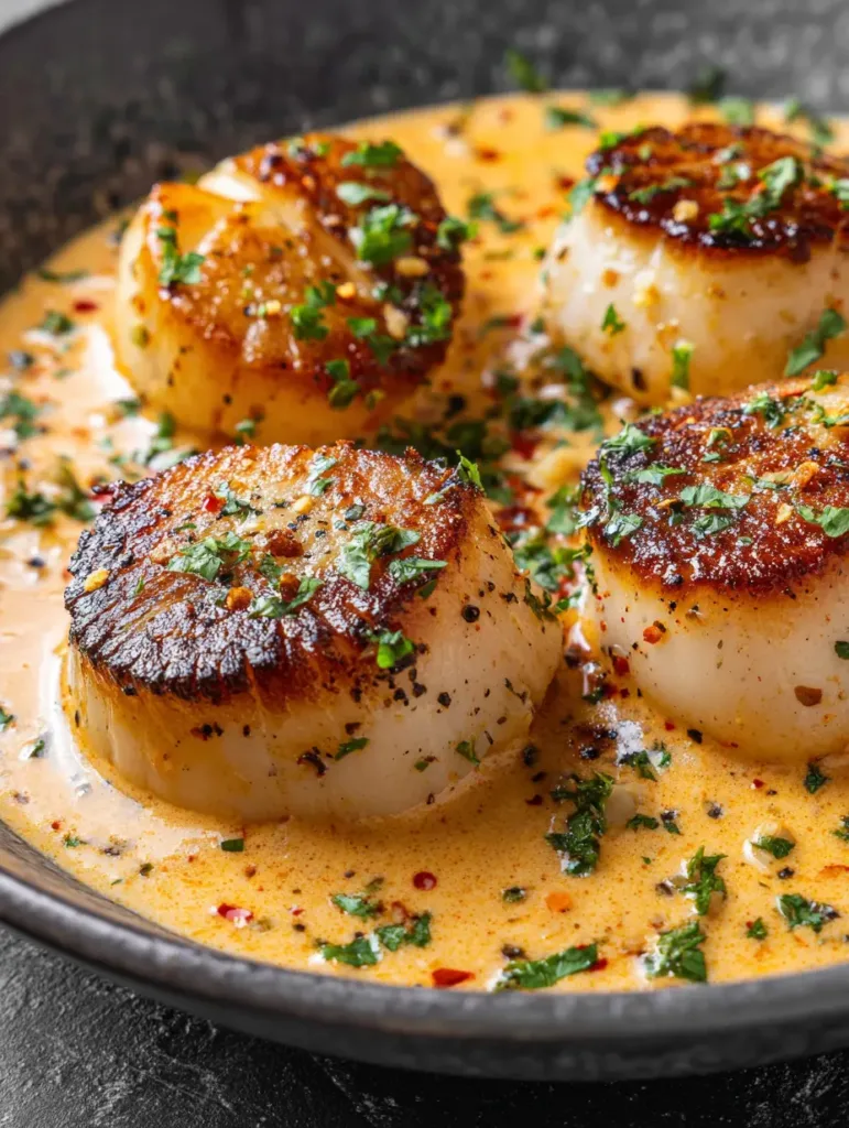 Top-down view of perfectly caramelized sea scallops in a glossy pale orange Cajun cream sauce with red paprika specks. (Seared Scallops with Cajun Sauce)
