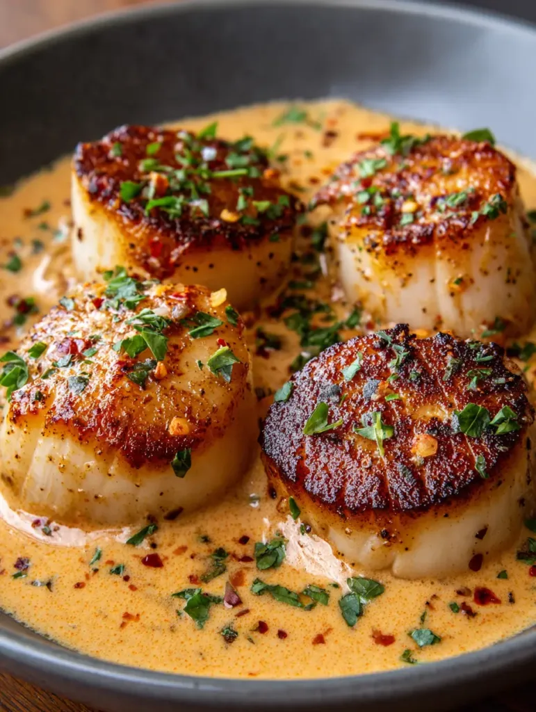 A macro shot showing the thick orange Cajun sauce and finely chopped green parsley on seared scallops.