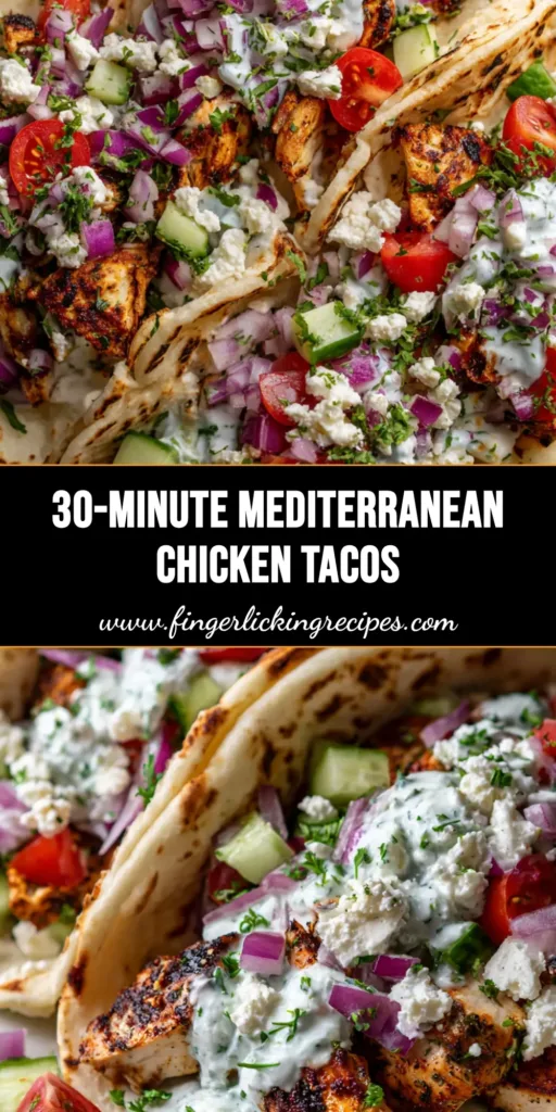 Three Mediterranean Chicken Tacos on a white plate featuring charred tortillas, seared herb chicken, and thick tzatziki drizzle. (Mediterranean Chicken Tacos)