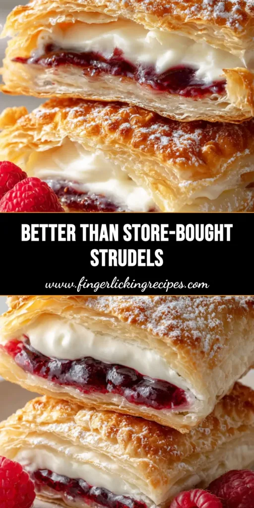 Homemade Toaster Strudel with Raspberry and Sweet Cream Filling 5 Two stacked Homemade Toaster Strudels with golden-brown flaky crust, white cream filling, and glossy raspberry jam on a white plate.