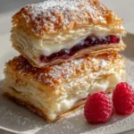 Close-up of a Homemade Toaster Strudel sliced open to show the thick opaque white cream and dark red jam layers.