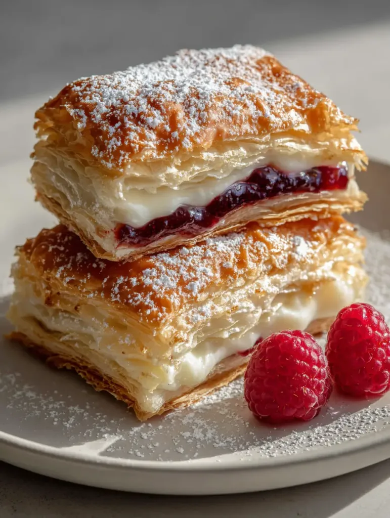 Homemade Toaster Strudel with Raspberry and Sweet Cream Filling 3 Close-up of a Homemade Toaster Strudel sliced open to show the thick opaque white cream and dark red jam layers.