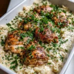 A handheld smartphone photo showing the creamy texture of Dump and Bake Chicken and Rice Casserole with roasted chicken thighs.