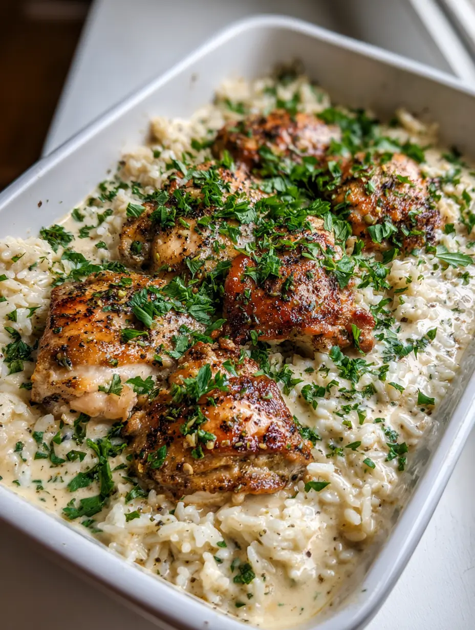 Dump and Bake Chicken and Rice Casserole: The Ultimate One-Pan Comfort Meal 4 A handheld smartphone photo showing the creamy texture of Dump and Bake Chicken and Rice Casserole with roasted chicken thighs.
