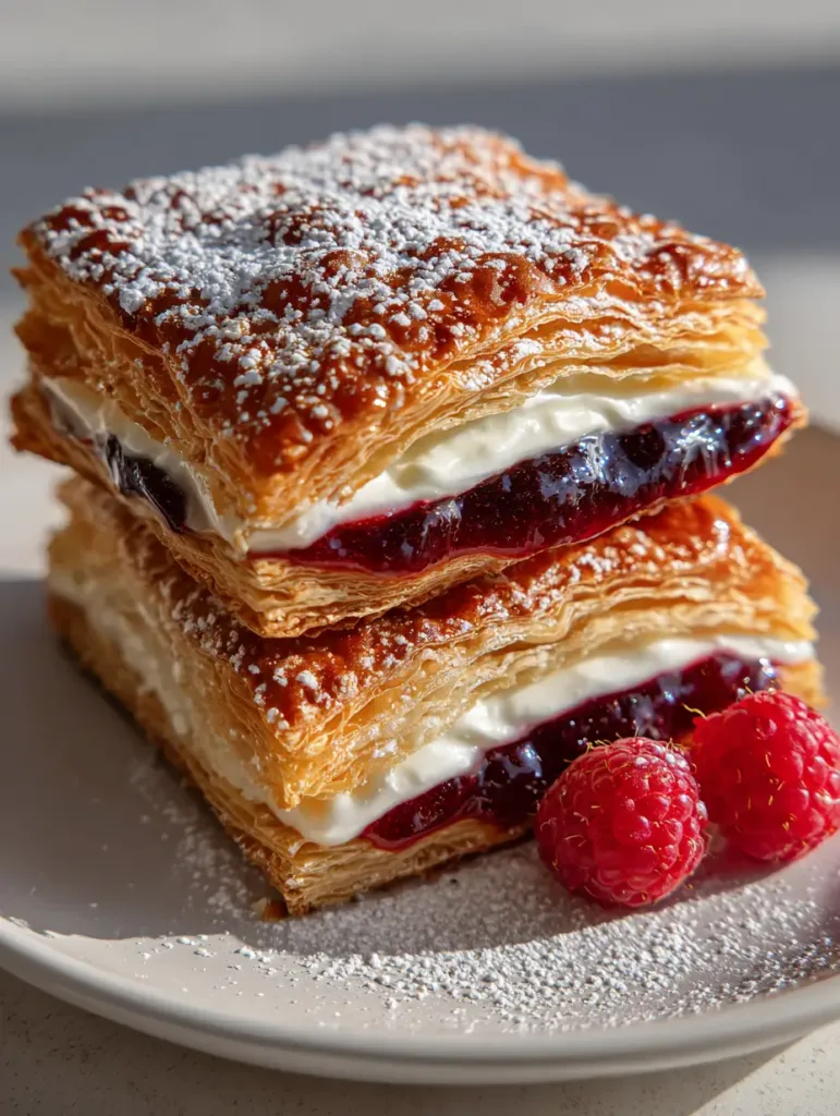 Homemade Toaster Strudel with Raspberry and Sweet Cream Filling 2 Stacked Homemade Toaster Strudels dusted with powdered sugar and garnished with fresh raspberries.