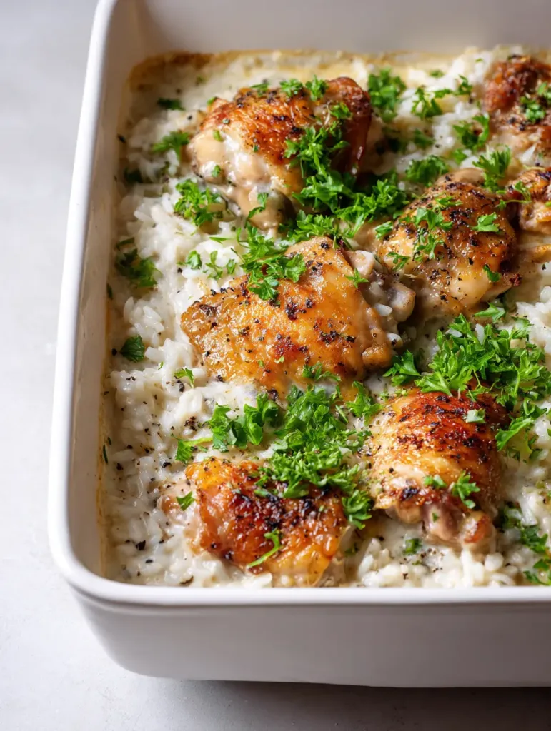 Dump and Bake Chicken and Rice Casserole: The Ultimate One-Pan Comfort Meal 2 Close up of roasted chicken thighs with golden-brown skin on a bed of creamy rice. (Dump and Bake Chicken and Rice Casserole)