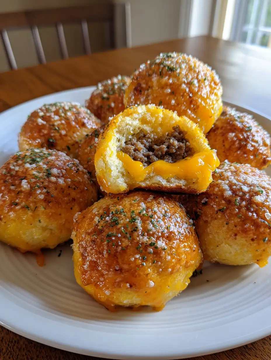 Garlic Parmesan Cheeseburger Bombs: The Ultimate Handheld Comfort Food 4 Close-up of golden-brown biscuit spheres on a ceramic plate, glossy with butter and topped with parmesan and parsley. (Garlic Parmesan Cheeseburger Bombs)