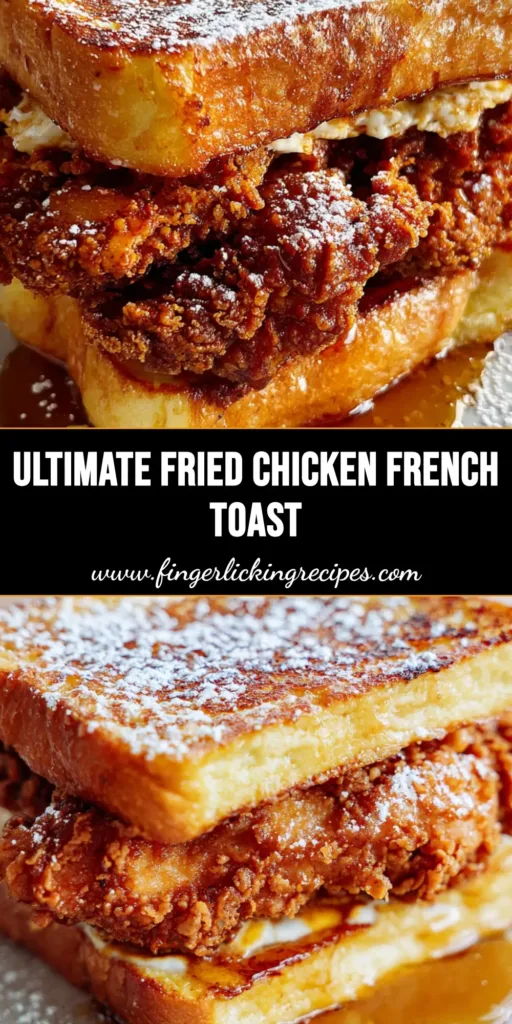 Fried Chicken French Toast Sandwich: The Ultimate Crispy & Sweet Brunch 5 A towering Fried Chicken French Toast Sandwich on a white plate with maple syrup drips and powdered sugar dusting.