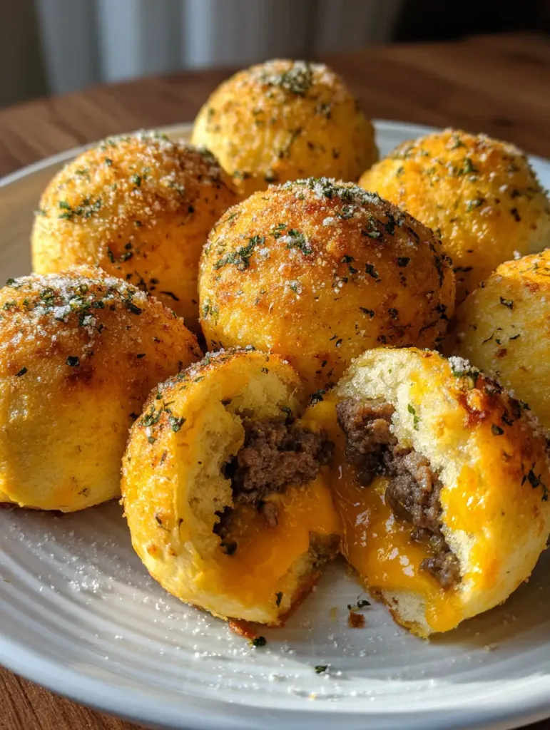 Garlic Parmesan Cheeseburger Bombs: The Ultimate Handheld Comfort Food 2 A Garlic Parmesan Cheeseburger Bomb split open to reveal crumbly seasoned ground beef and melted vibrant orange cheddar cheese.