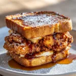 High-angle shot of a Fried Chicken French Toast Sandwich featuring craggy fried chicken and golden-brown toast.