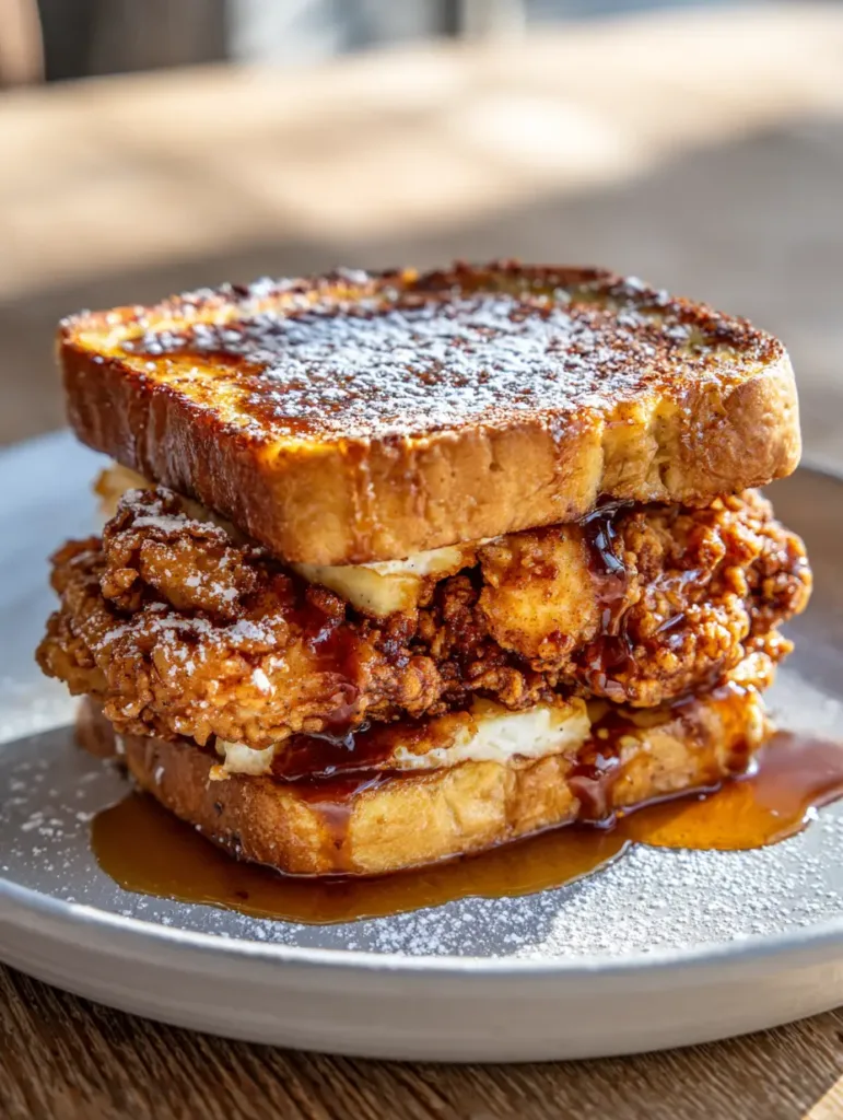 Fried Chicken French Toast Sandwich: The Ultimate Crispy & Sweet Brunch 3 High-angle shot of a Fried Chicken French Toast Sandwich featuring craggy fried chicken and golden-brown toast.