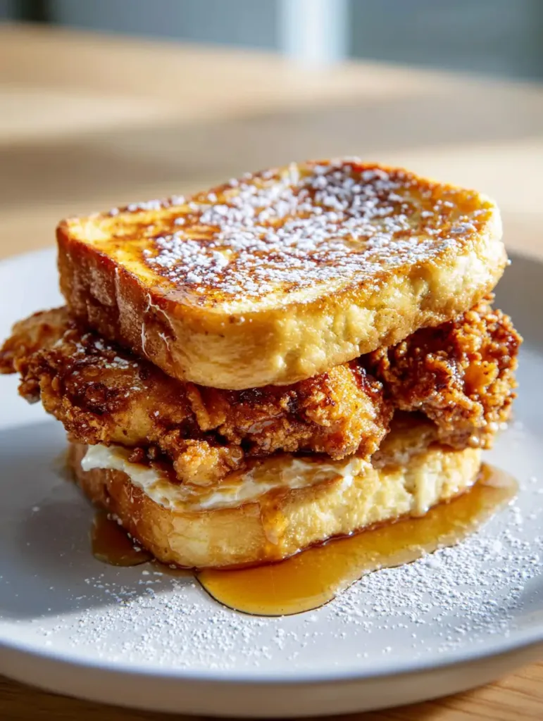 Fried Chicken French Toast Sandwich: The Ultimate Crispy & Sweet Brunch 2 Close-up of maple syrup soaking into the bottom slice of a Fried Chicken French Toast Sandwich.