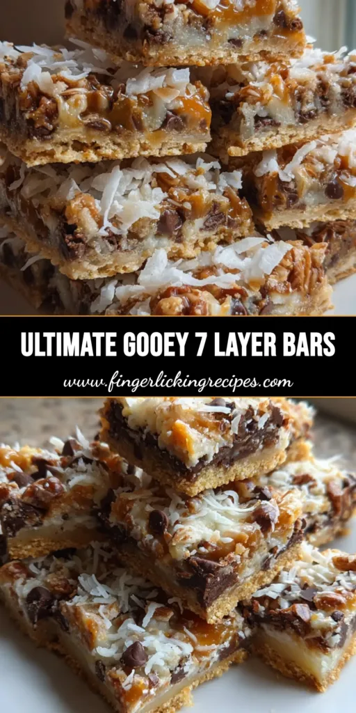 A stack of Seven Layer Bars on a white plate featuring a graham cracker crust, melted chocolate, and toasted coconut. (Seven Layer Bars)