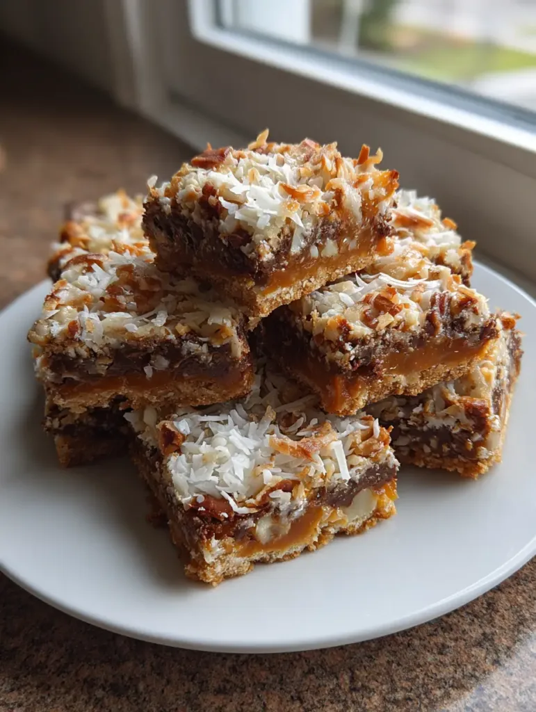 A handheld smartphone photo showing the internal layers of Seven Layer Bars with melted butterscotch chips. (Seven Layer Bars)