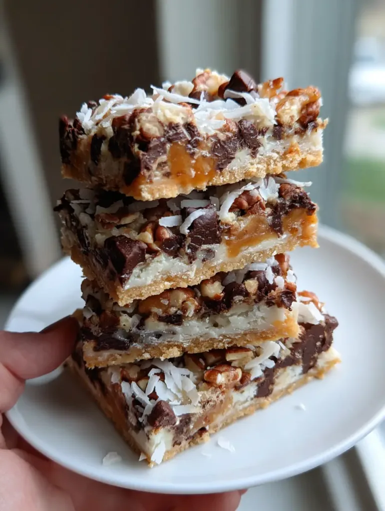 Close up of the toasted coconut and chunky tan pecans on top of Seven Layer Bars.