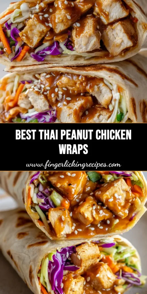 Thai Peanut Chicken Wraps with Crunchy Slaw and Zesty Peanut Sauce 5 A vertical Pinterest pin showing Thai Peanut Chicken Wraps with seared chicken, purple cabbage, and glossy peanut sauce inside a toasted tortilla.