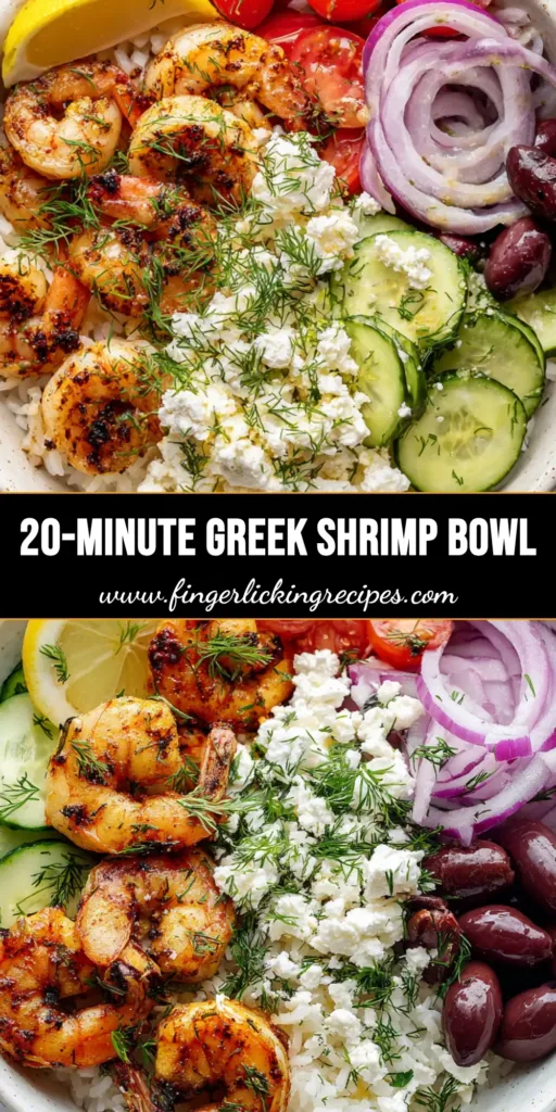 A Mediterranean Greek Shrimp Bowl with six pan-seared paprika shrimp, fluffy white rice, feta, olives, and fresh vegetables in a white ceramic bowl.