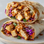 Thai Peanut Chicken Wraps with Crunchy Slaw and Zesty Peanut Sauce Close-up of two halves of a Thai Peanut Chicken Wrap stacked on a plate, showing golden-brown chicken and vibrant vegetables.