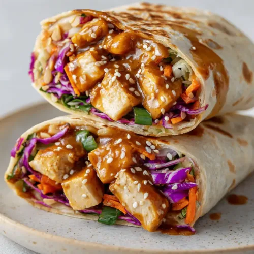 Home 1 Thai Peanut Chicken Wraps with Crunchy Slaw and Zesty Peanut Sauce